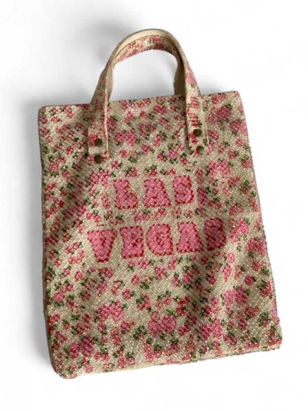 Vintage Pink and Cream Beaded Floral Tote - Green Accents